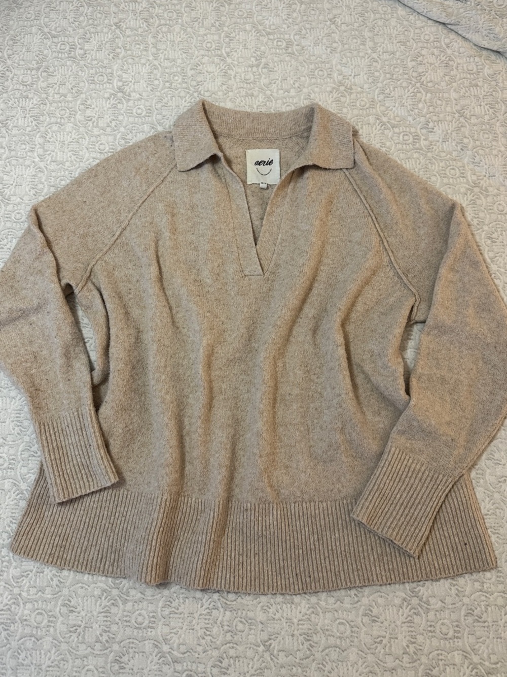 Aerie Beige Collared V-Neck Sweater